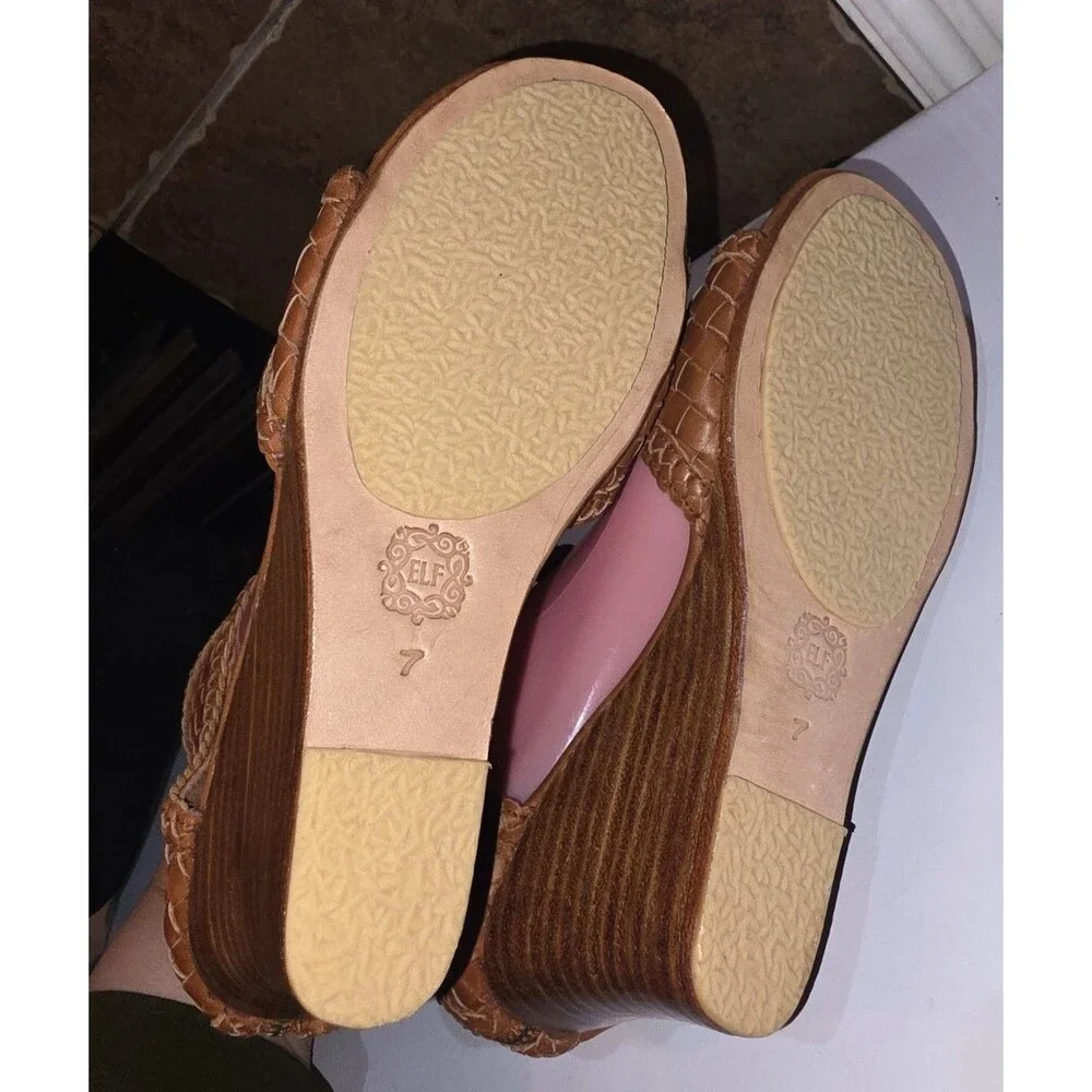 ELF ATHENA Sz 7 NWOT Hand Made Tan Basket Weave Leather Open Toe Wedge Sandals